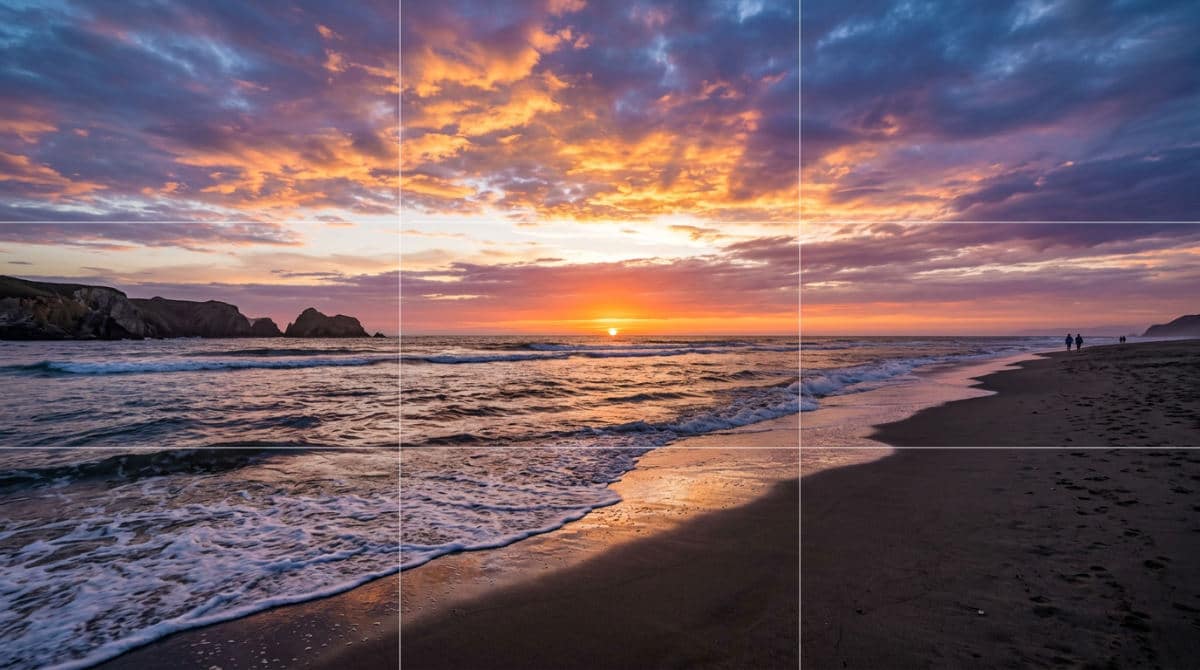 A perfectly level horizon line in photography at a beach sunset.
