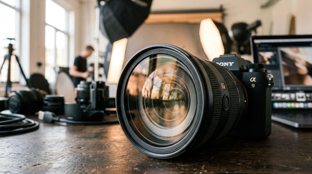 A professional digital camera lens with studio light reflections during a high-end business portrait session.