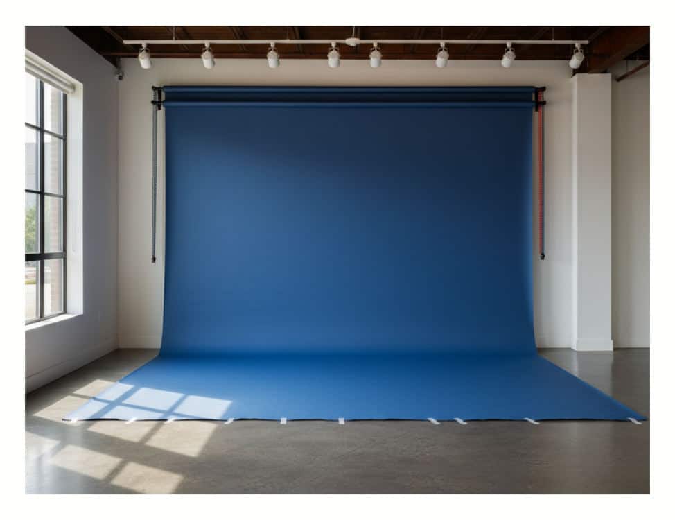 A retail photo studio interior showing a standard blue paper backdrop and fixed overhead lighting equipment.