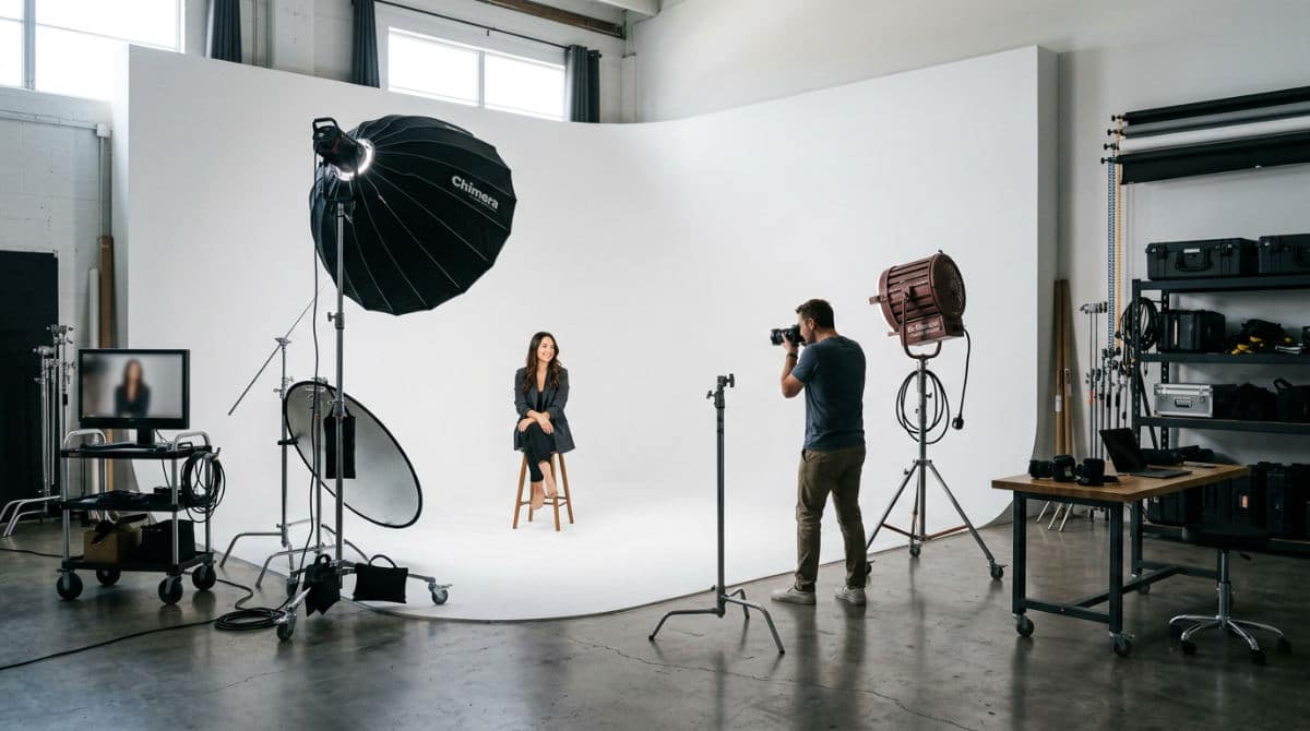 A professional photography studio in San Diego with a white cyclorama wall and cinema-grade lighting equipment ready for a headshot session.