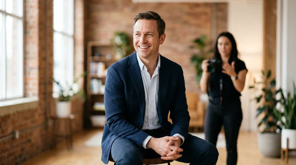 A professional man receiving coaching during a headshot session in a San Diego studio with professional lighting.