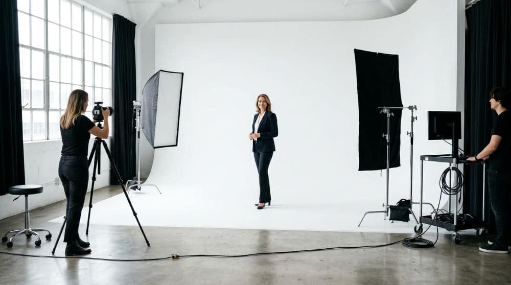A professional cyclorama wall providing a seamless white background for a corporate headshot in a studio setting.