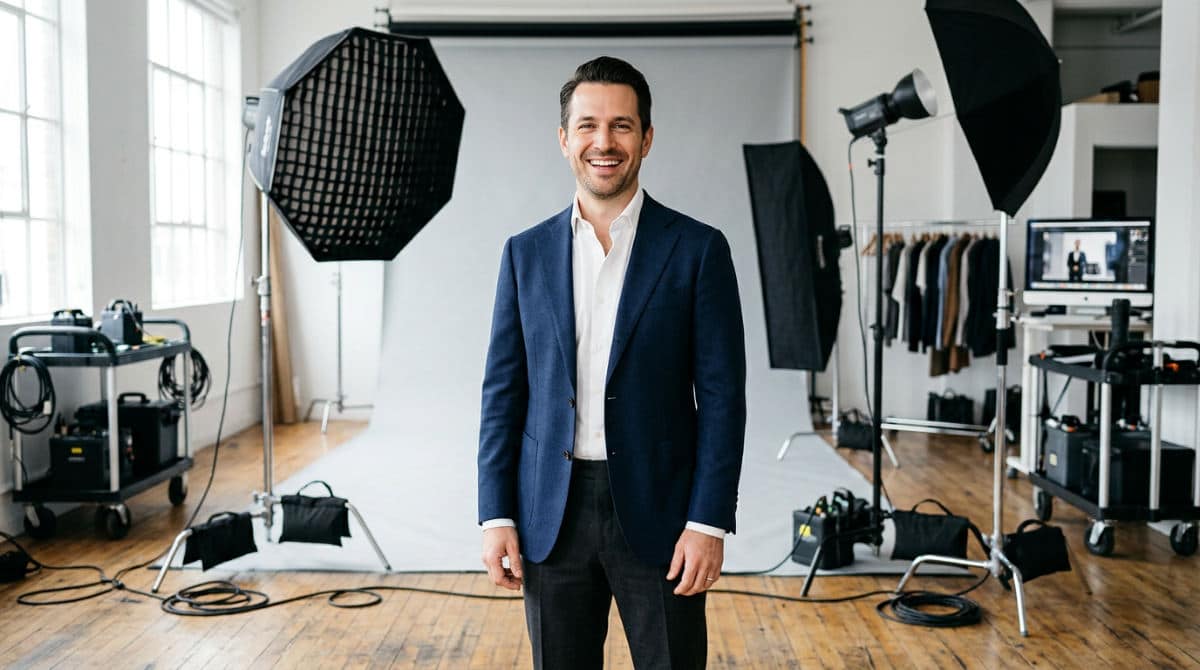 A professional man posing for his male professional headshots in a San Diego studio setting.