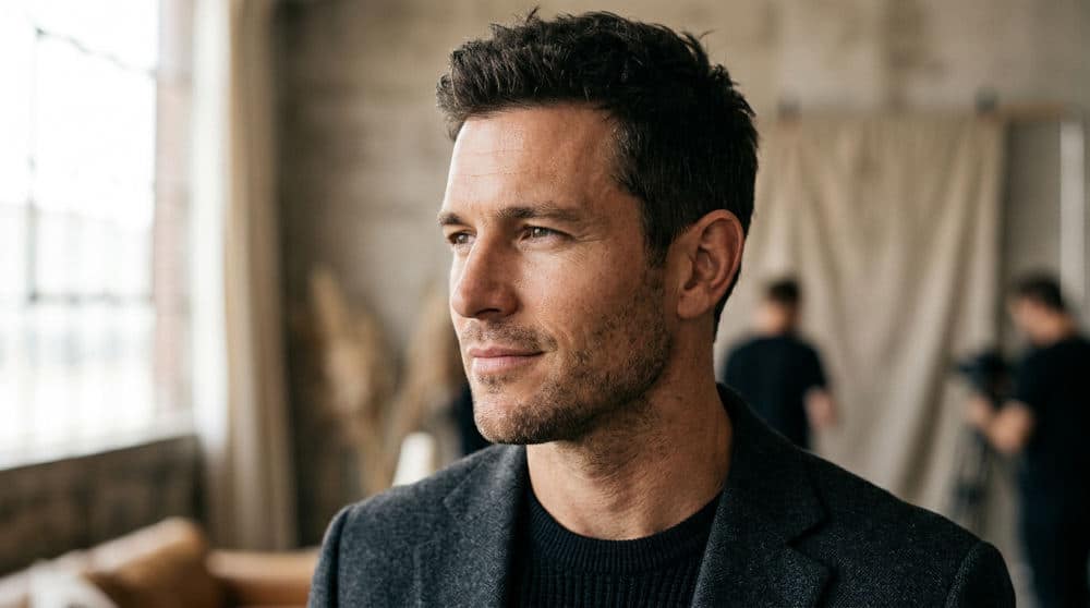 A man in a navy suit against a grey backdrop demonstrating strong jawline positioning for a professional headshot.