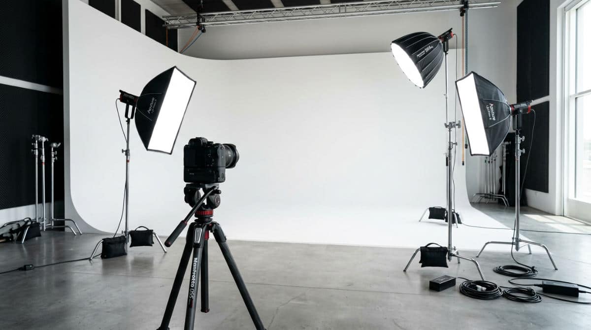 A professional San Diego photography studio featuring a clean white cyclorama wall and high-end lighting equipment for motion photography.