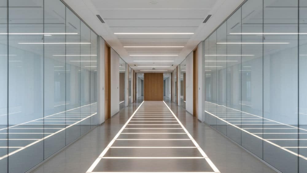 Architectural one point perspective photo of a hallway