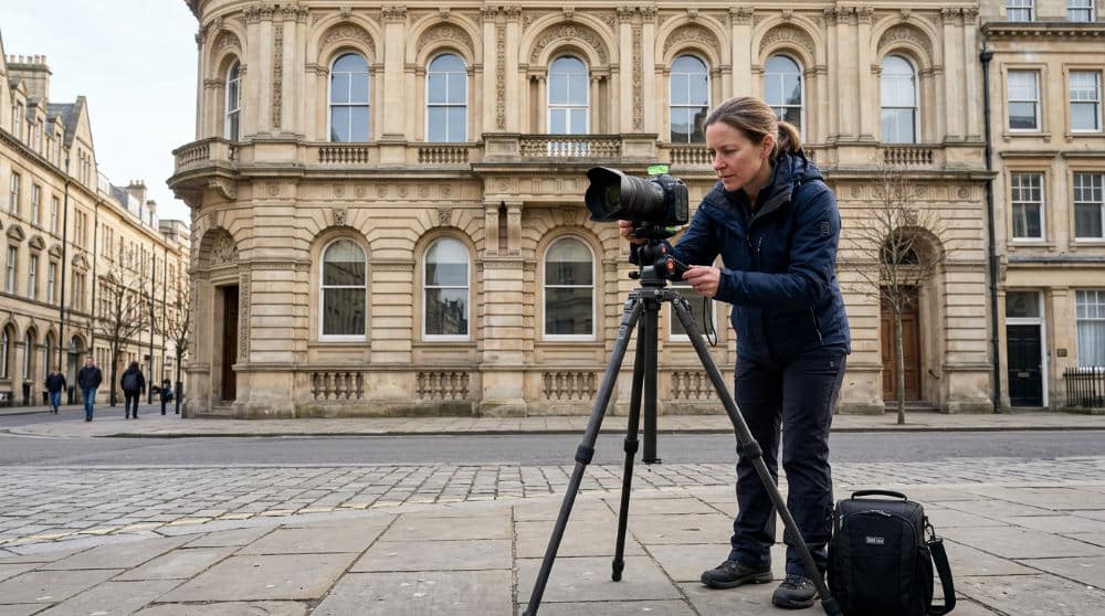 Photographer aligning camera for one point perspective