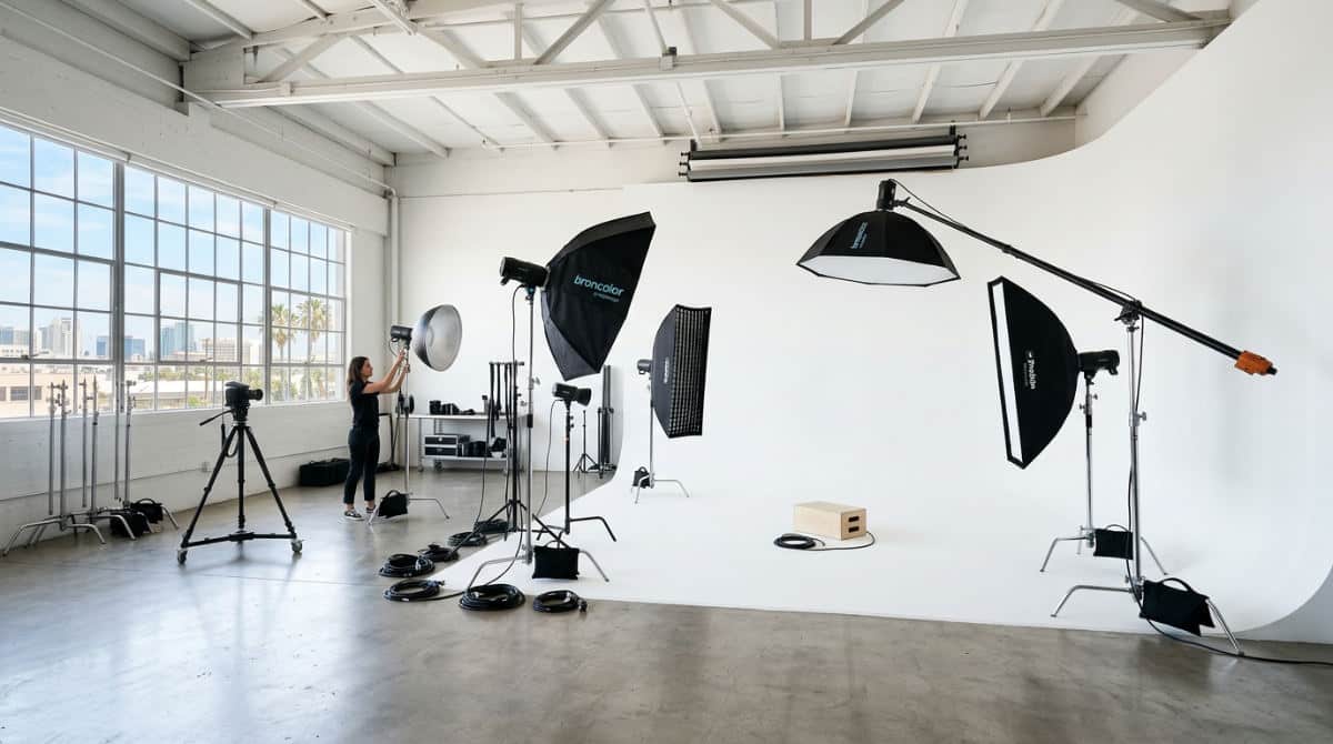 Professional photo studio with curved wall for noise reduction photography
