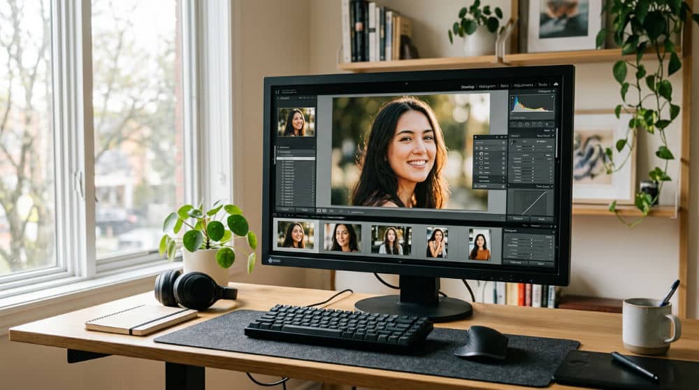 AI photo noise reduction software interface on a professional monitor