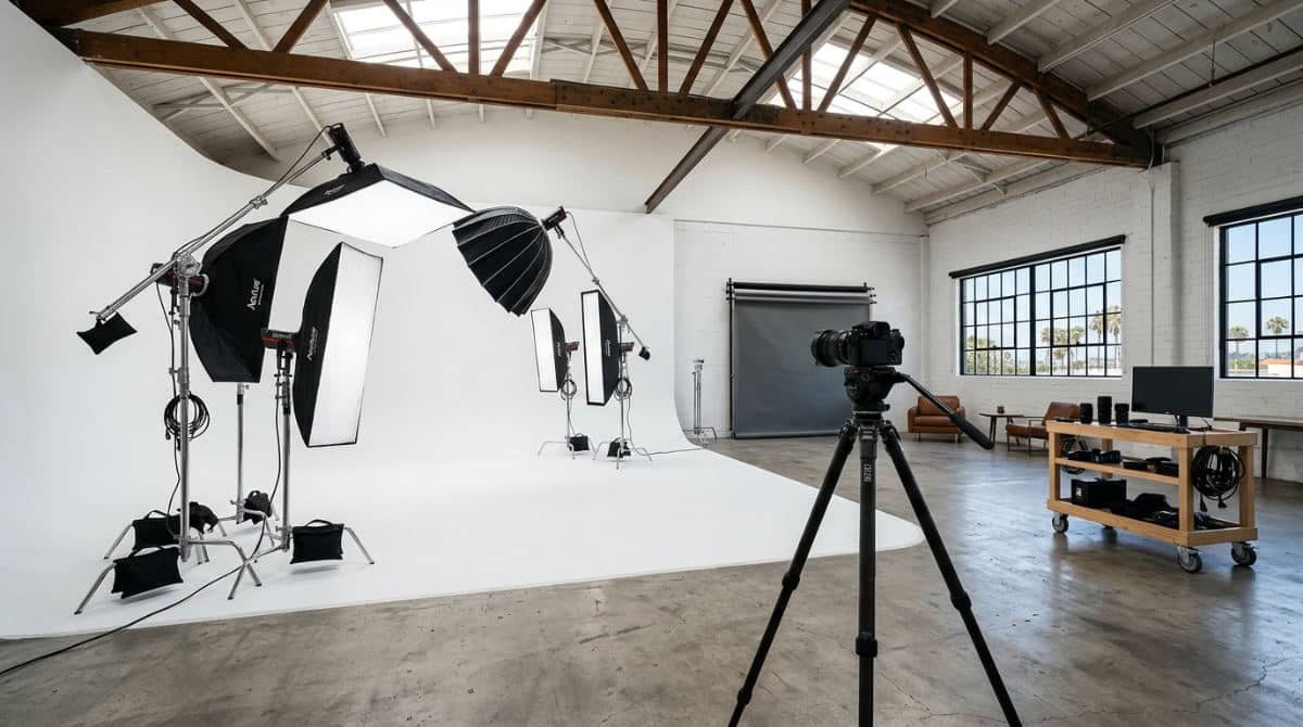 A professional San Diego photography studio featuring a large white cyclorama wall and professional lighting equipment on C-stands.