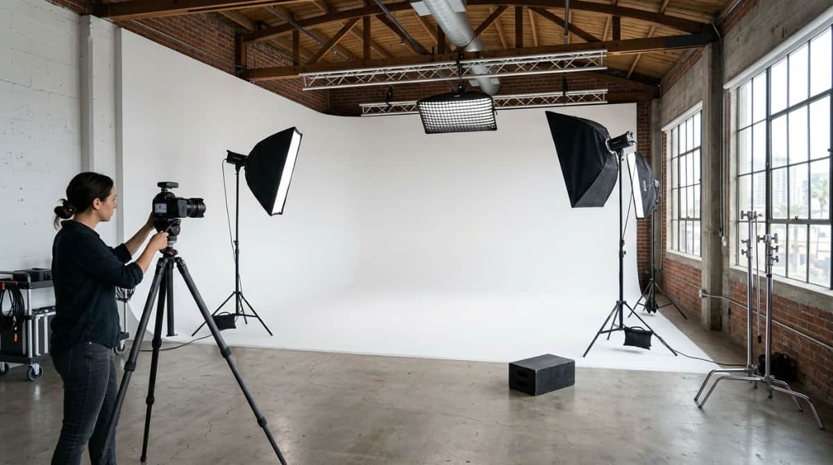 A professional San Diego photo studio featuring a large white cyclorama wall and high-end lighting equipment for monthly rental.