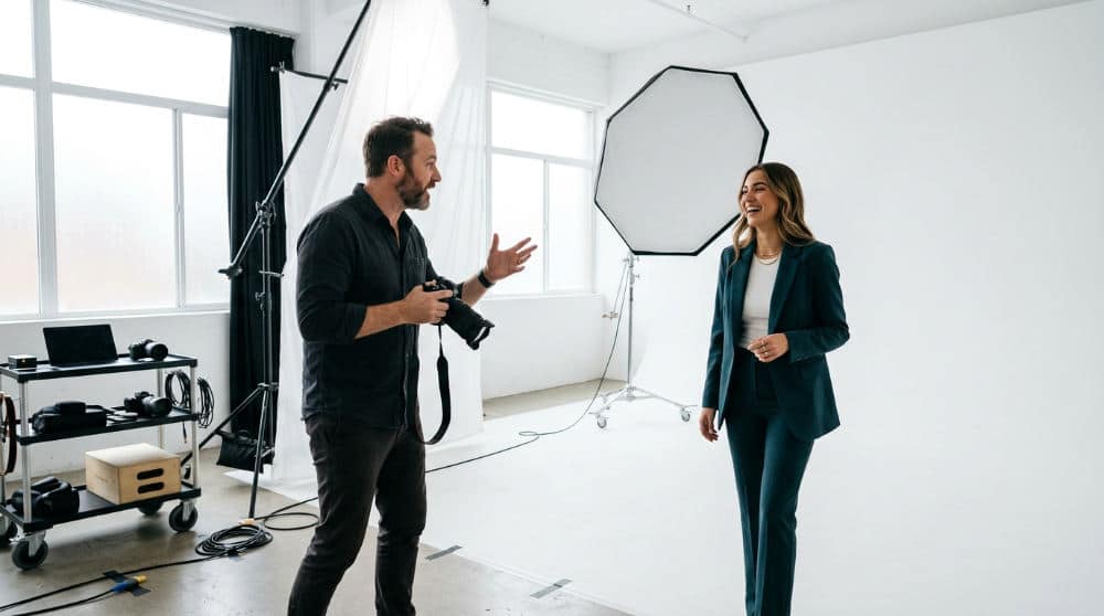 Photographer using a white cyclorama wall for a professional commercial production in a San Diego studio.