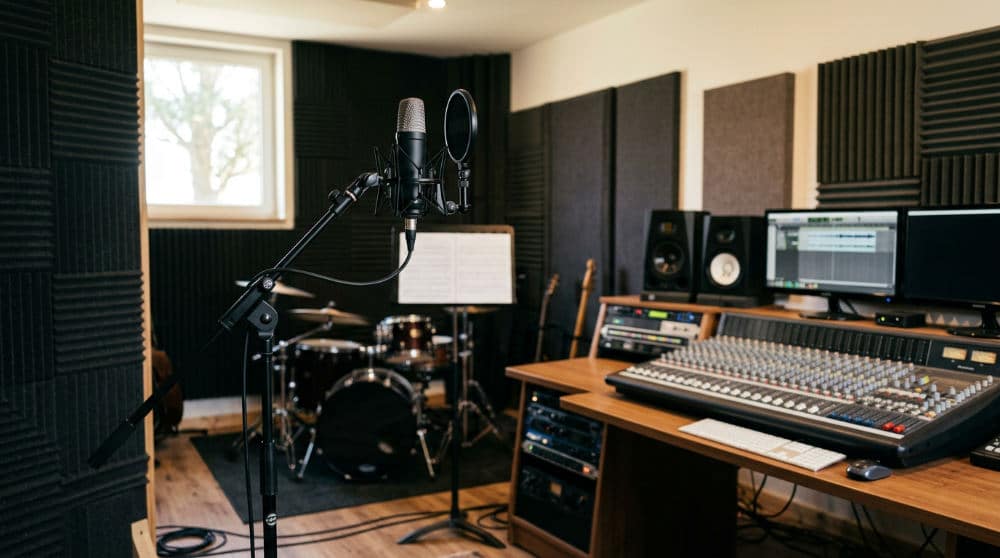 A professionally soundproofed audio recording studio space with acoustic panels and a mixing desk.