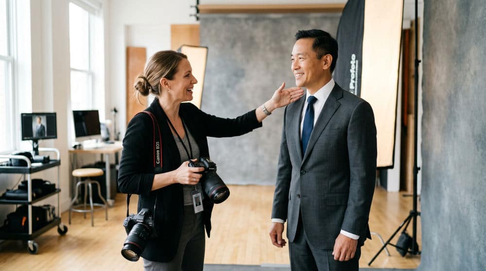 A studio photographer adjusting a lighting modifier while coaching a client during a corporate portrait session.