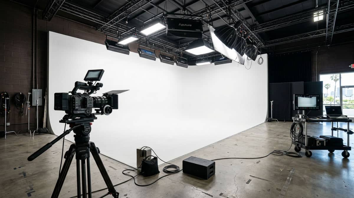 A modern San Diego production studio featuring a clean white cyclorama wall and professional lighting equipment.