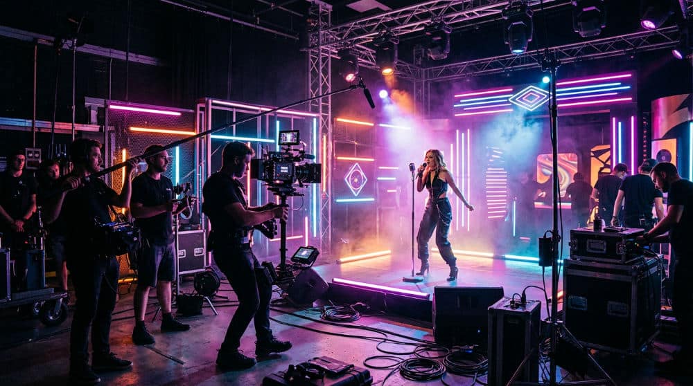 A production crew filming a music video using high-end cameras and vibrant blue and purple RGB lighting.
