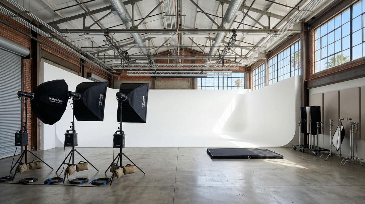 A professional San Diego photoshoot room featuring a white cyclorama wall and high-end studio lighting equipment.