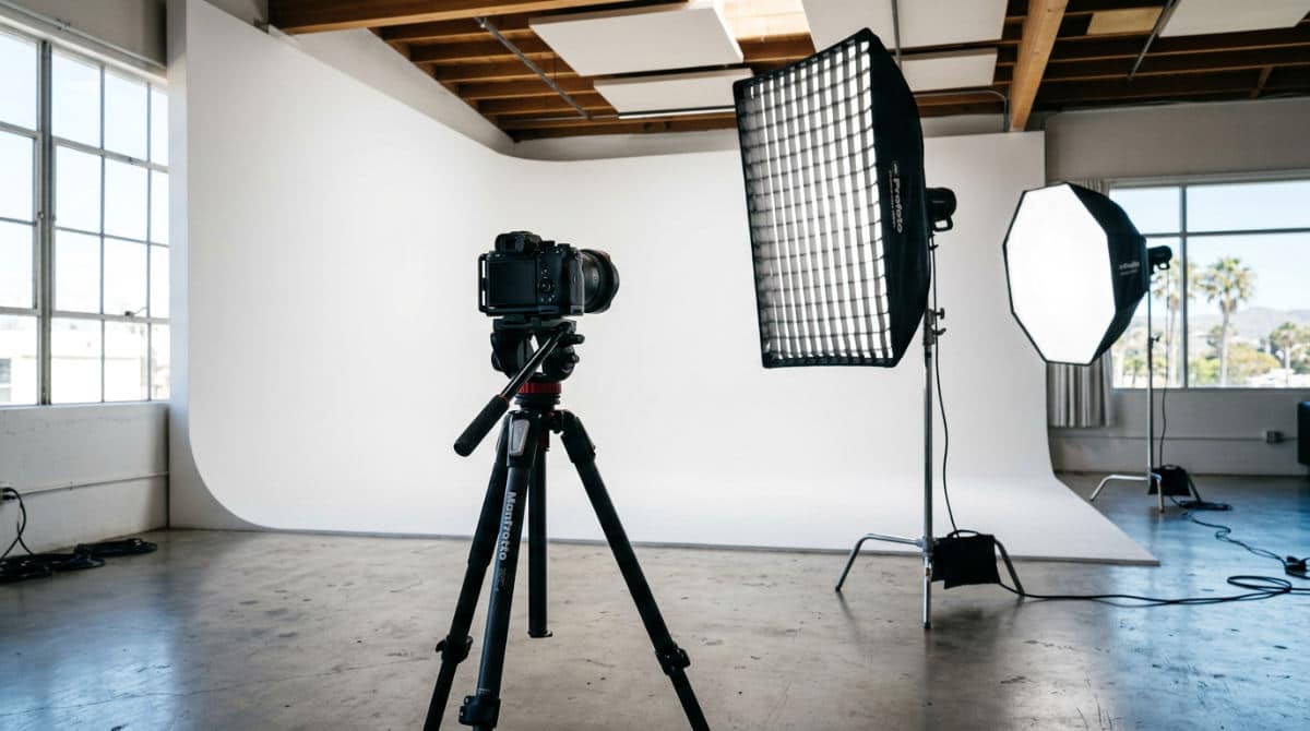 A professional photography studio in San Diego with cinema lighting and a white cyclorama wall for headshots.