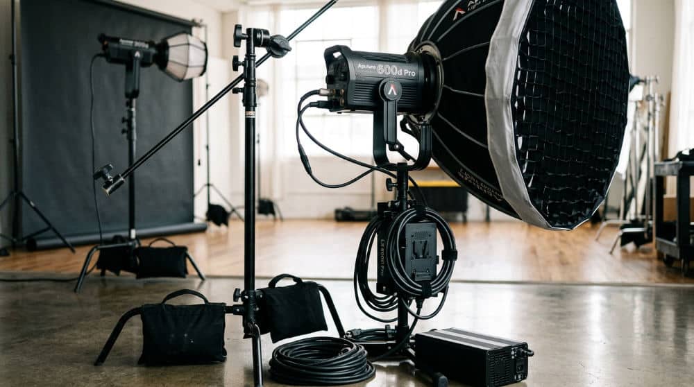 Aputure cinema lighting equipment setup in a San Diego studio for professional headshots.