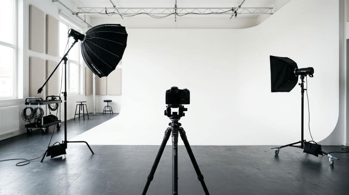 A professional white cyclorama wall studio setup at Lightz Out Studios in San Diego with production lighting.