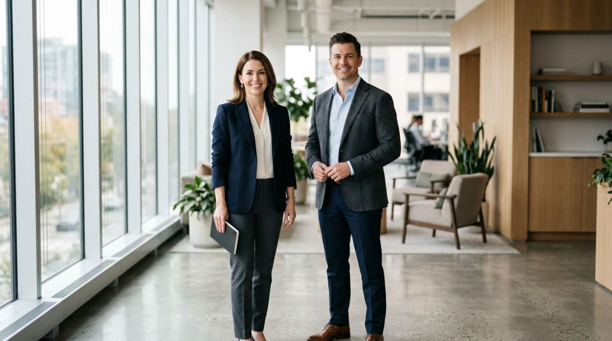 A man and woman wearing professional business casual attire consisting of blazers and slacks in a modern studio.