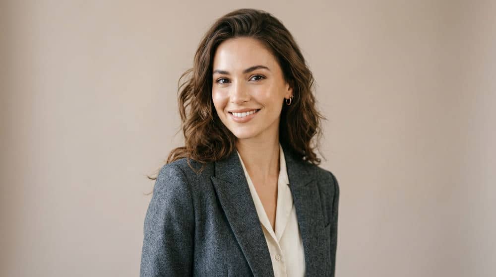A female model posing for a commercial headshot with a warm and approachable expression in a studio.