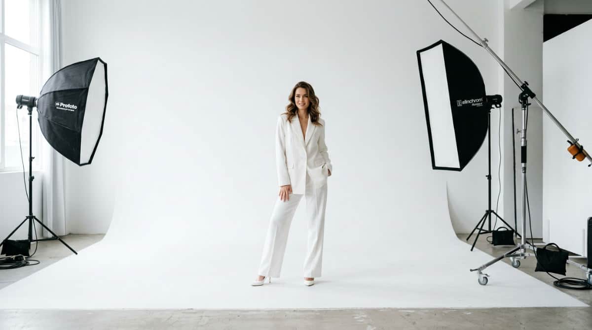 A professional model posing for her portfolio in a San Diego photography studio with professional lighting.