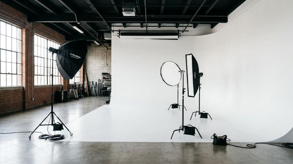 A professional cyclorama wall in a San Diego studio used for creating clean commercial model portfolio images.