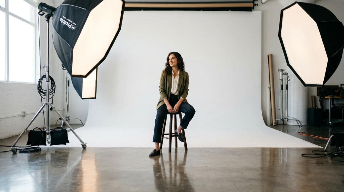 A professional studio setup at Lightz Out Studios in San Diego featuring light reflections on a cyclorama wall.