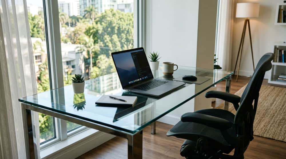 A glass desk surface showing a clear specular reflection of a laptop and office window light.