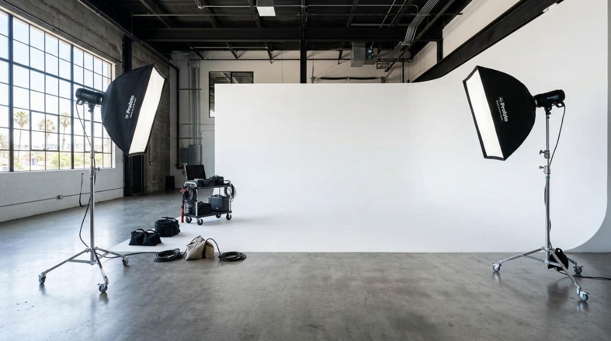 A professional San Diego photography studio featuring a large white cyclorama wall and high-end lighting equipment for rent.
