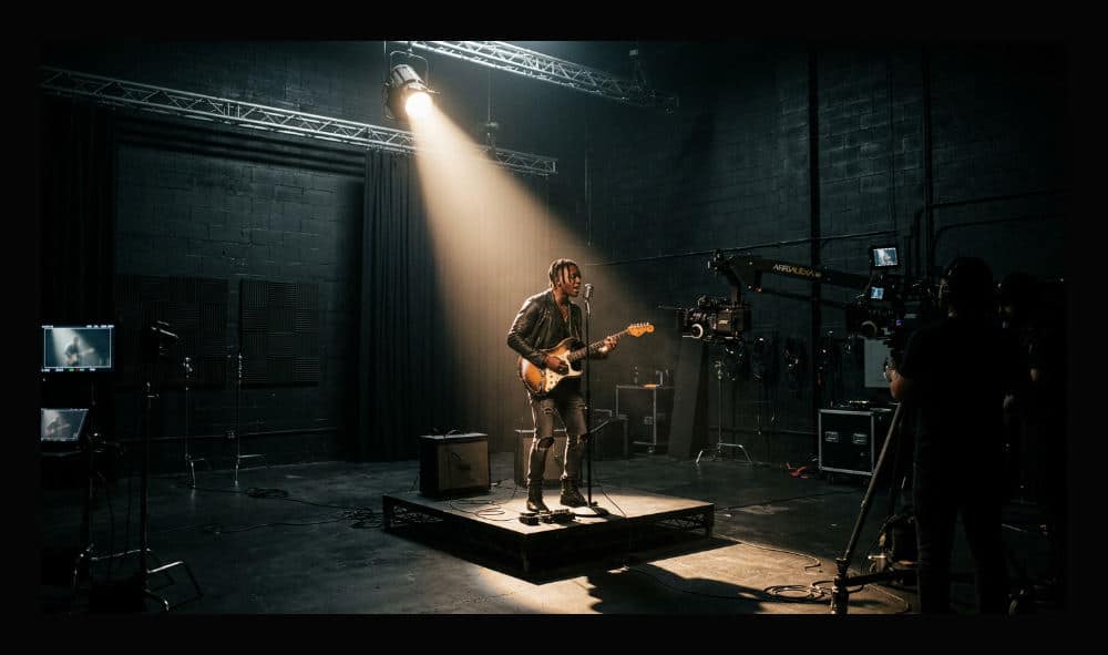 A professional production team uses C-stands and LED panels to set up a shot inside a lights out studio.