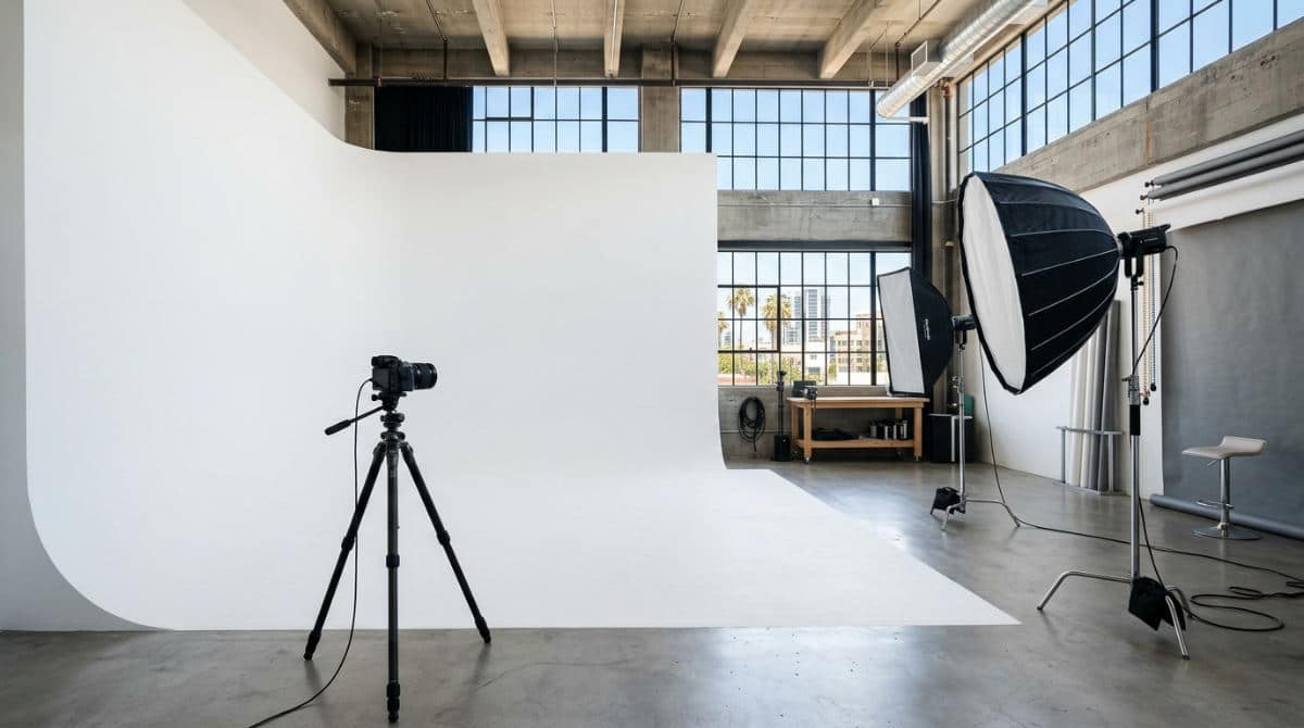 A professional San Diego photography studio featuring a white cyclorama wall and high-end lighting equipment for portraits.