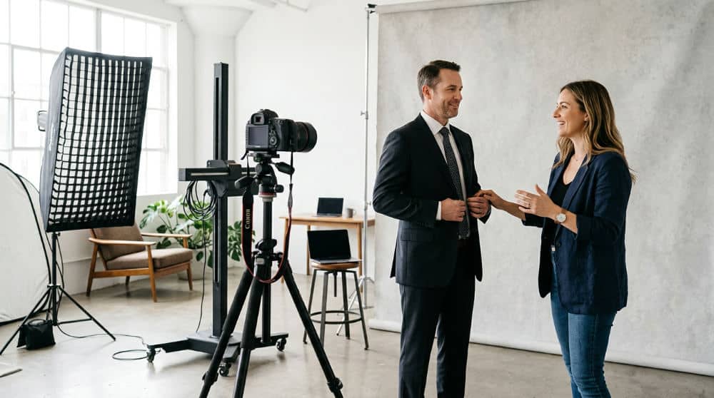 A photographer coaching a client during a professional headshot session in a bright San Diego studio bay.