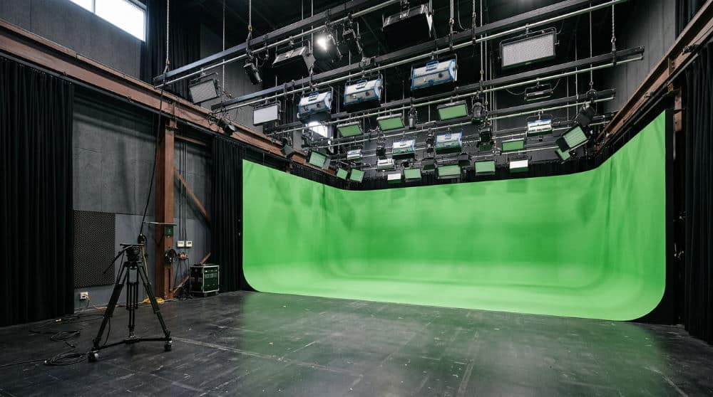 A large commercial video studio setup showing a curved cyclorama wall and professional overhead lighting rigs.