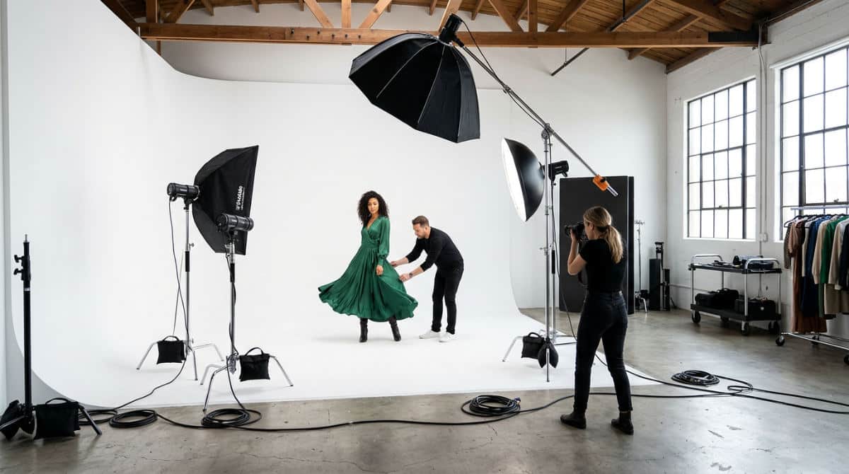 A professional San Diego photography studio featuring a clean white cyclorama wall and high-end lighting equipment for color-controlled shoots.