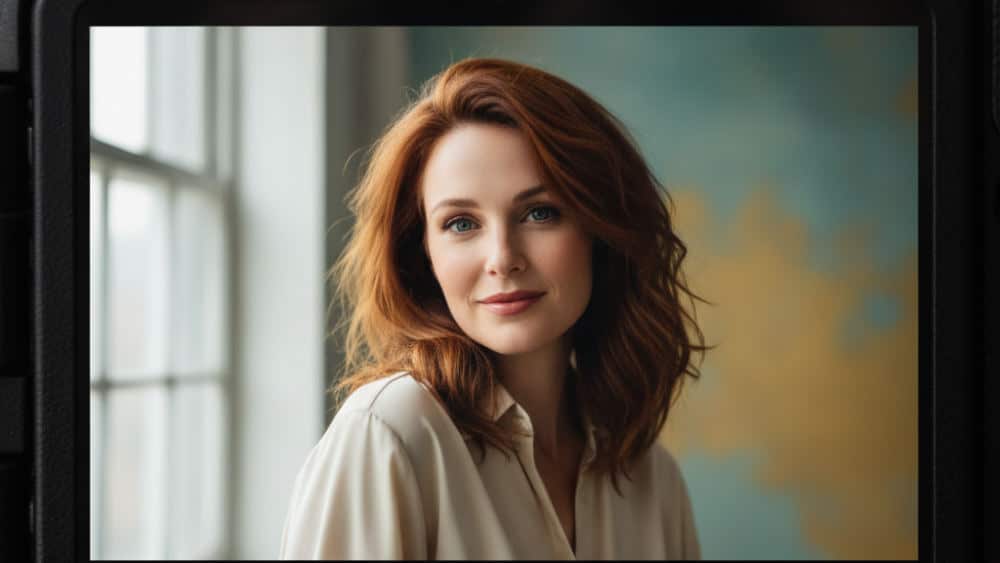 A camera display showing a high-quality professional headshot with perfectly balanced color saturation and skin tones.