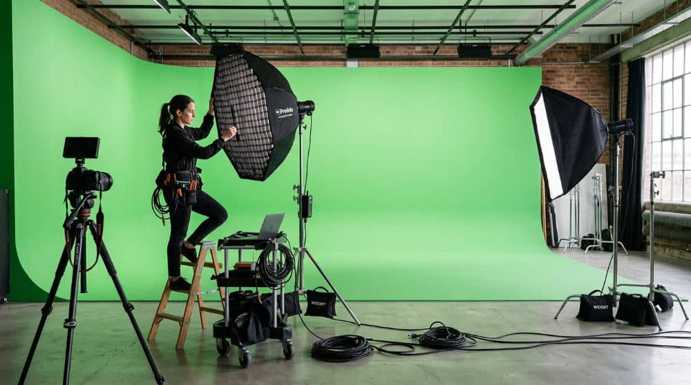 A photographer setting up studio lighting in front of a green screen for a high-saturation video production.