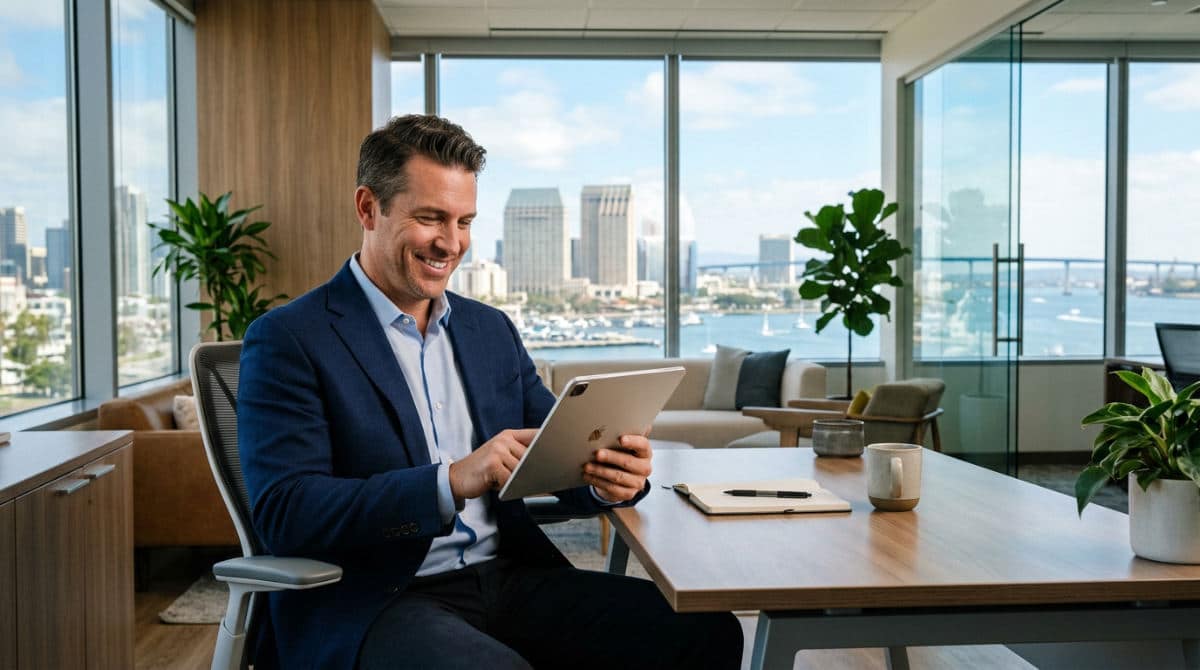 A professional man in a San Diego office setting displaying a confident brand image suitable for a bio.