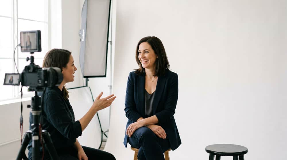 A professional woman in a blazer smiling during a headshot session to align her visual bio with her career goals.