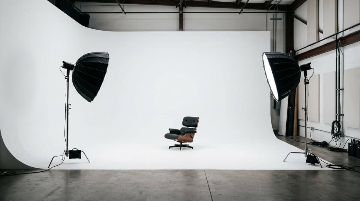 A clean white cyclorama wall in a professional studio with a centrally placed chair illustrating symmetrical balance.
