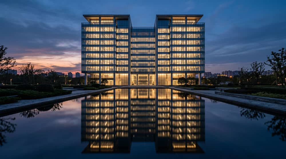 Modern glass building reflecting in water showing perfect vertical and horizontal symmetrical balance.