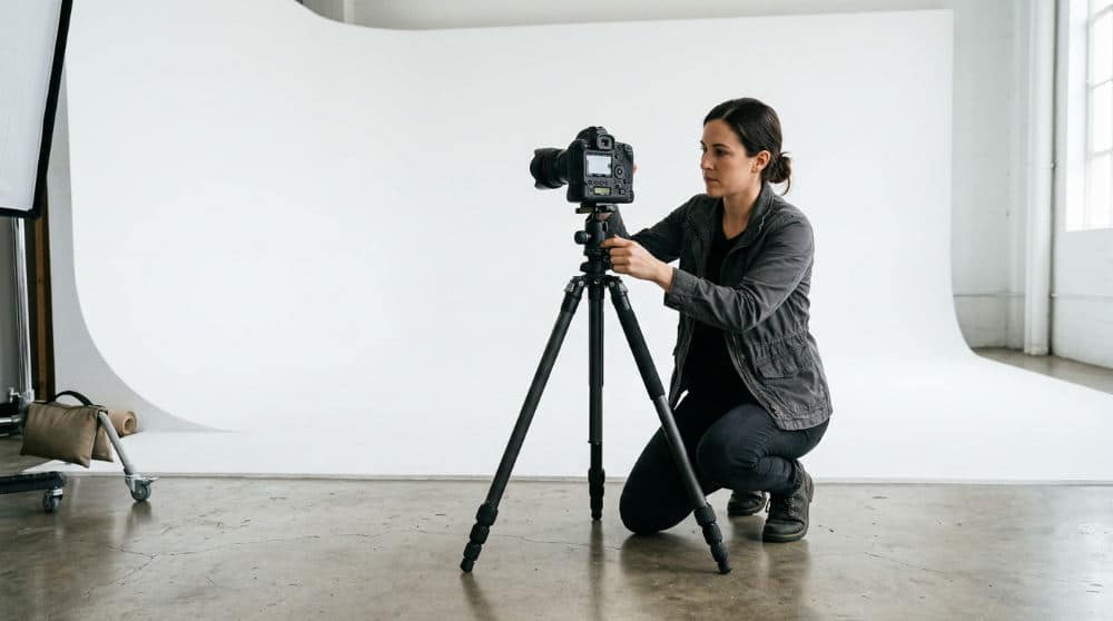 A photographer setting up a camera on a tripod for a symmetrical shoot in a San Diego studio.