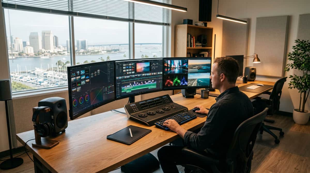 Professional video editing studio rental featuring high-end monitors and editing hardware
