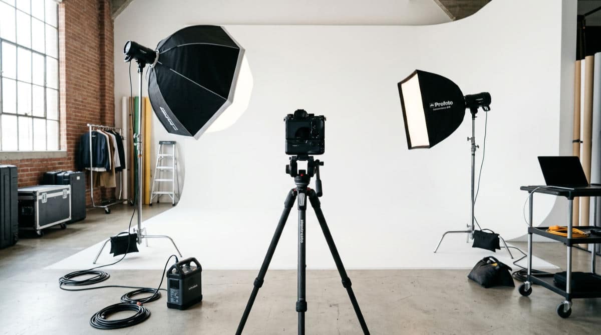 A professional San Diego photography studio featuring a clean white cyclorama wall and studio lighting equipment.
